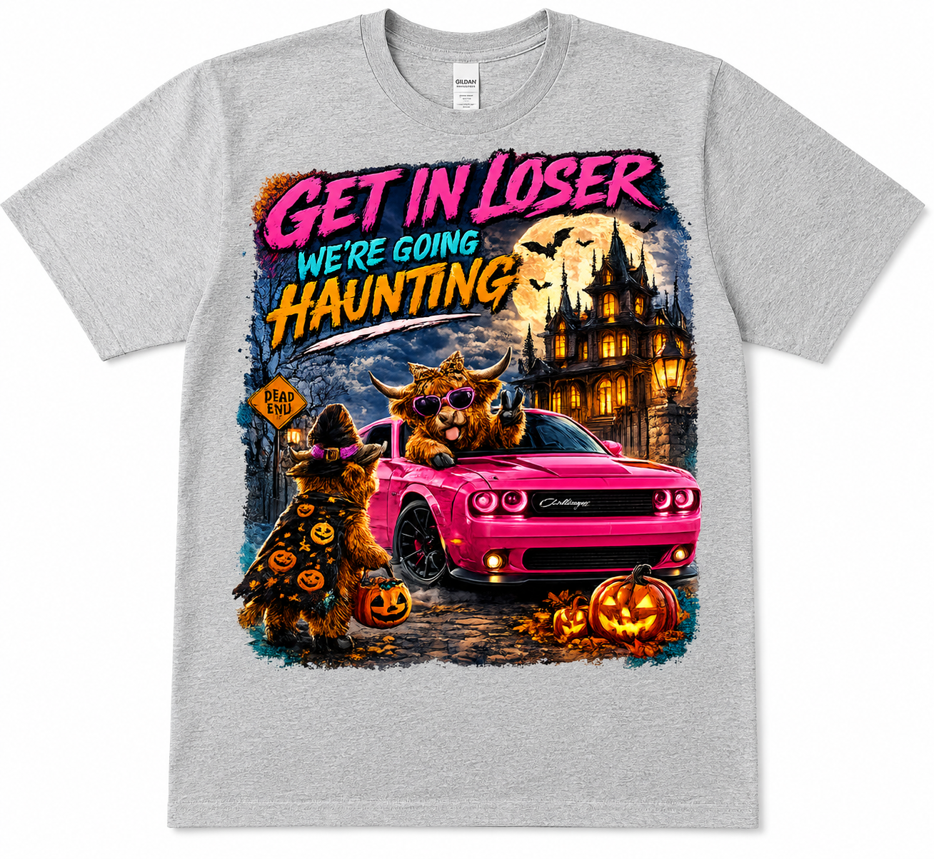 Get In Loser, We’re Going Haunting | Highland Cow Halloween T-Shirt & Crewneck