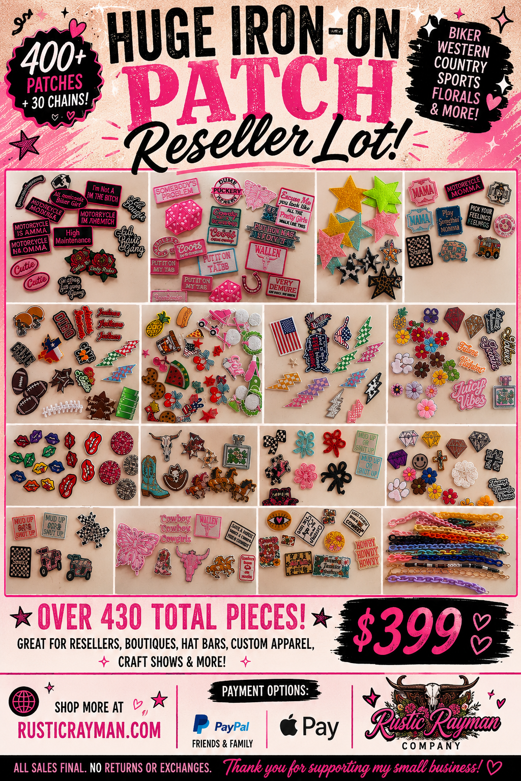 400+ Iron-On Patch Reseller Lot + 30 Purse Chains | Wholesale Bulk Craft Bundle