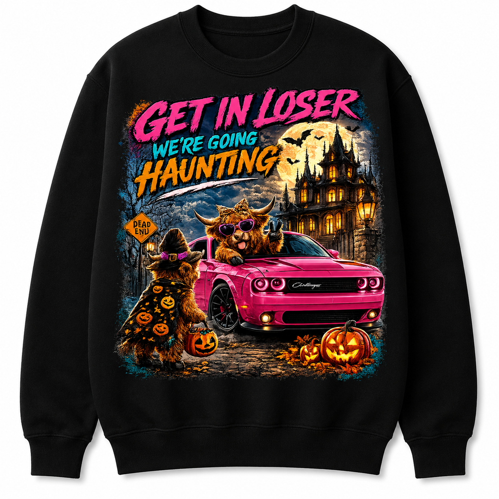 Get In Loser, We’re Going Haunting | Highland Cow Halloween T-Shirt & Crewneck