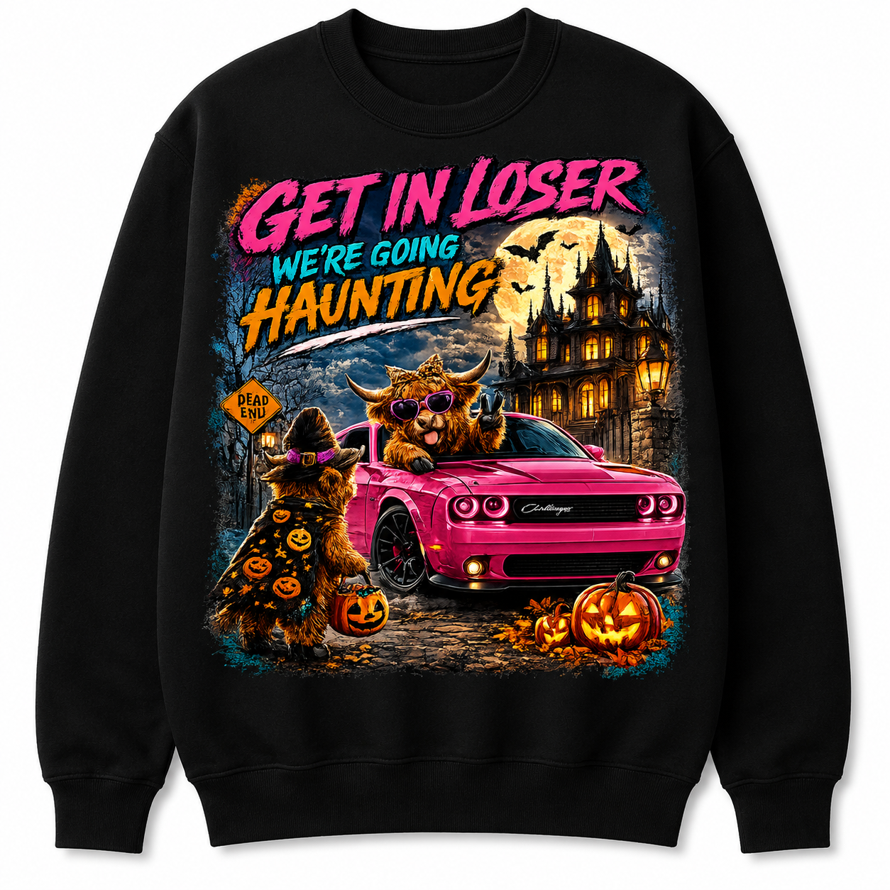 Get In Loser, We’re Going Haunting | Highland Cow Halloween T-Shirt & Crewneck
