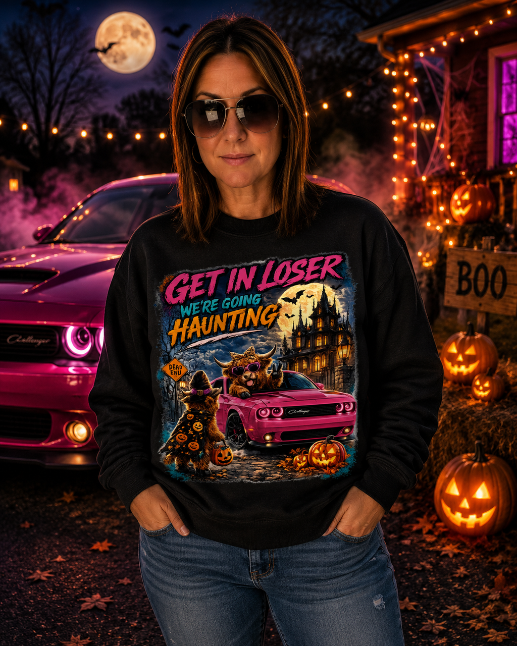 Get In Loser, We’re Going Haunting | Highland Cow Halloween T-Shirt & Crewneck