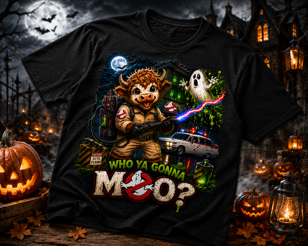 Who Ya Gonna Moo? Adult Unisex T-Shirt – Black
